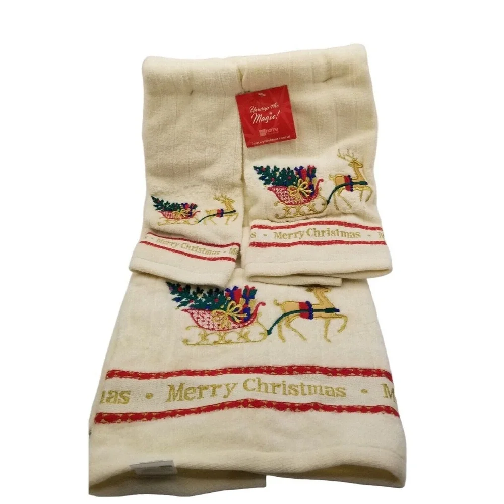Home Collection Towel Set Unisex OS Vintage Christmas Beige Reindeer Sleigh 3pc